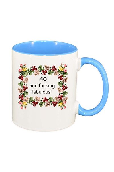 INOVATIX Personalized white mug, Flowers, I`m fabulous, blue interior, D1059, INOVATIX®. 330ml