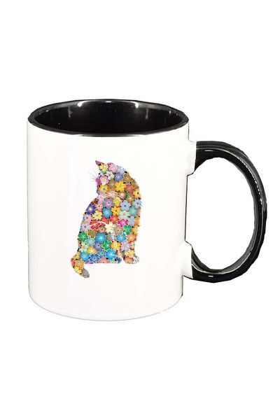 INOVATIX Personalized white mug, Flowers, Cat, black interior, D995, INOVATIX®. 330ml