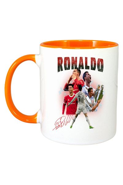 INOVATIX Personalized White Mug, Ronaldo 7 Autograph, Orange Handle and Interior, ®. 330ml