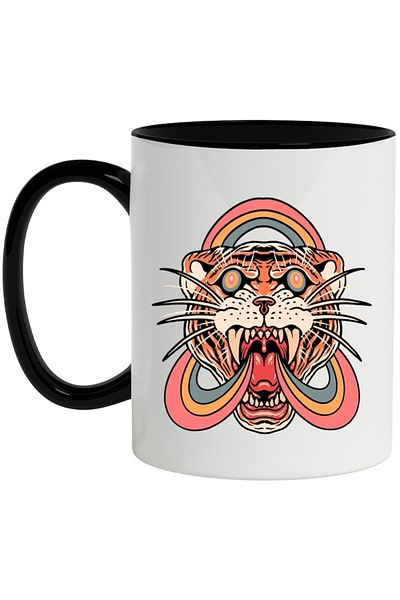 INOVATIX Personalized white mug, Tiger, Rainbow, Abstract, Fangs, Hippie, with Black Handle, INOVATIX®. 330ml
