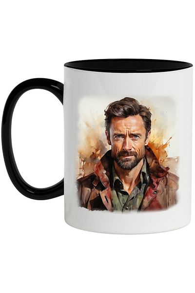 INOVATIX Personalized white mug, Hugh Jackman, Actor, Celebrity, Movies, with Black Handle, INOVATIX®. 330ml