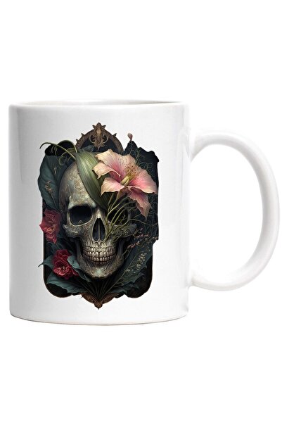 INOVATIX Cana alba personalizata, Craniu Decorat, Flori, Crin, Gotic, Elegant...