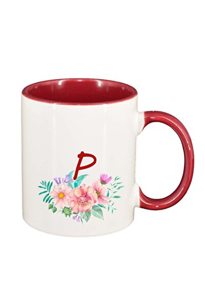 INOVATIX Εξατομικευμένη λευκή κούπα, Λουλούδια με αλφάβητο, κόκκινο εσωτερικό...