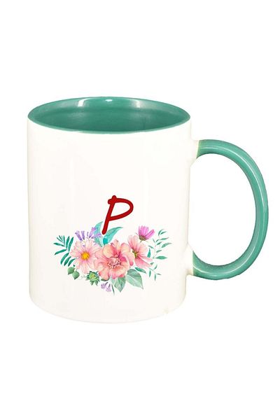 INOVATIX Personalized white mug, Flowers with alphabet, green interior, D948, INOVATIX®. 330ml