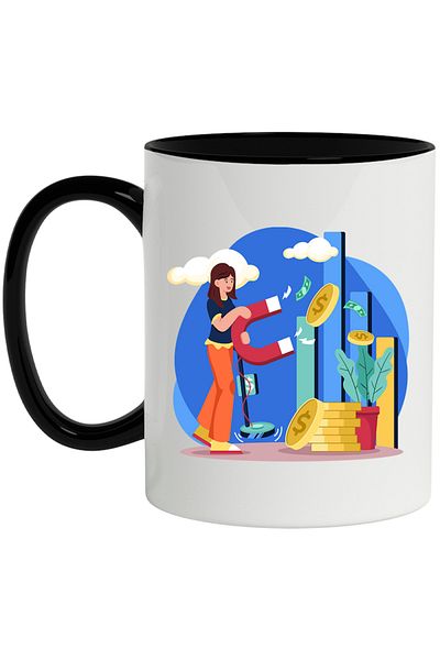 INOVATIX Personalized white mug, Magnet, Sky, Money, Coins, Metal, with Black Handle, INOVATIX®. 330ml