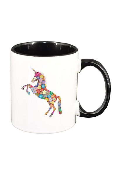 INOVATIX Personalized white mug, FLowery Unicorn, black interior, D1004, INOVATIX®. 330ml