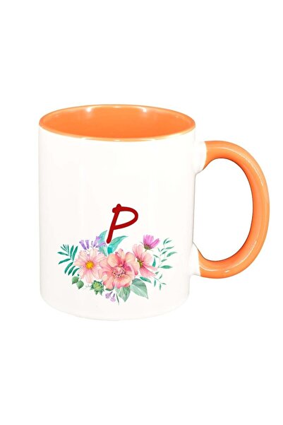 INOVATIX Cana alba personalizata, Flori cu alfabet, interior portocaliu, D948, INOVATIX®. 330ml