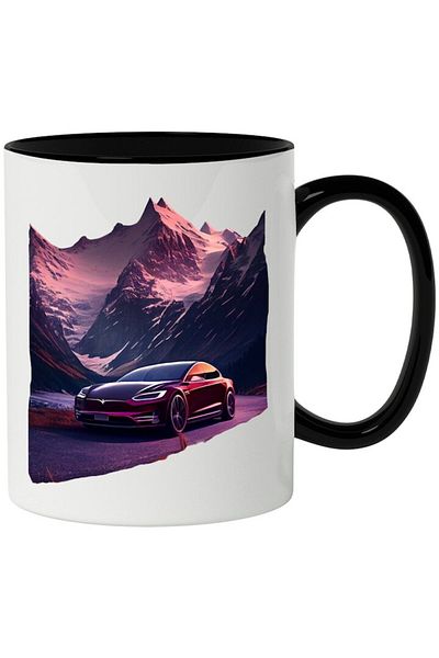 INOVATIX Personalized white mug, Car, Mountain, Snow, Sunset, Road, with Black Handle, INOVATIX®. 330ml