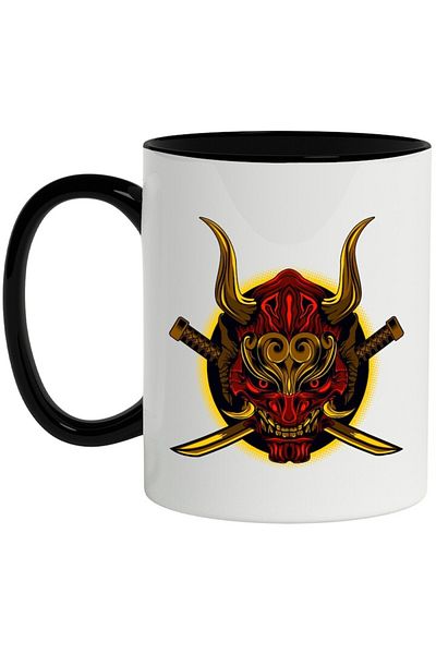 INOVATIX Personalized white mug, Mask, Oni, Asian, Demon, Sword, with Black Handle, INOVATIX®. 330ml
