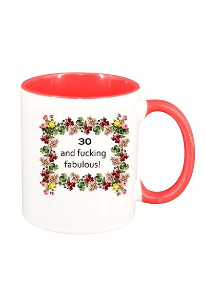 INOVATIX Personalized white mug, Flowers, I`m fabulous, dark red interior, D1058, INOVATIX®. 330ml