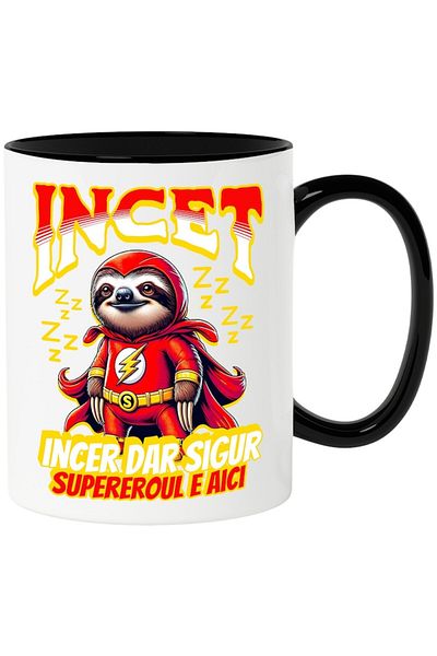 INOVATIX Personalized white mug, Super Hero - Slowly but surely, with Black Handle, INOVATIX®. 330ml