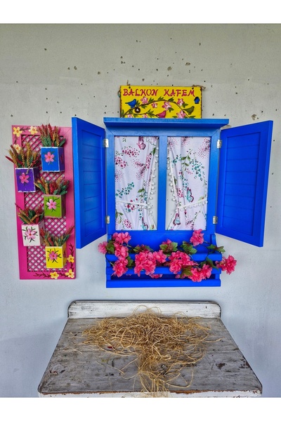 Home Tam set balkon duvar dekoru,pencere+perde+pano+5 saksı+yazılı pano