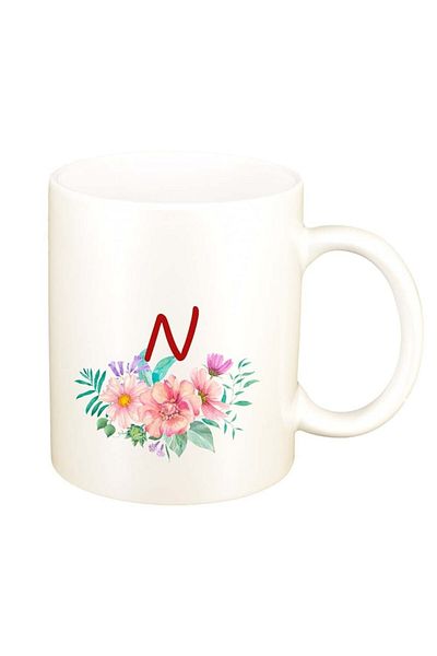 INOVATIX Personalized white mug, Flowers with alphabet, D946, INOVATIX®. 330ml