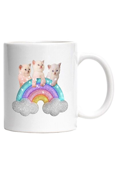 INOVATIX Cana alba personalizata, Pui De Pisica, Curcubeu, Nori, Sclipici, An...