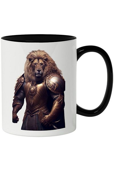 INOVATIX Personalized white mug, Lion, Knight, Armor, Fantasy, Medieval, with Black Handle, INOVATIX®. 330ml