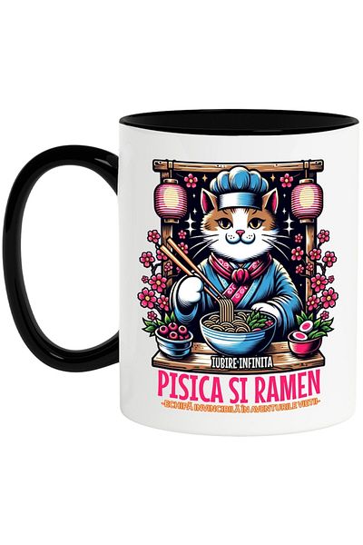 INOVATIX Personalized white mug, CAT AND RAMEN-INVINCIBLE TEAM, with Black Handle, INOVATIX®. 330ml