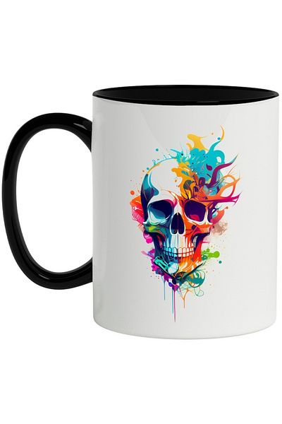 INOVATIX Personalized white mug, Skull, Skeleton, Colorful Smoke, Abstract, with Black Handle, INOVATIX®. 330ml