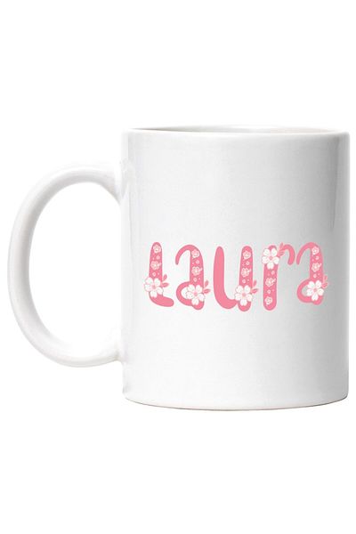 INOVATIX Personalized white mug, Name Laura, Flowers, Colorful, Pink, Cute, INOVATIX®. 330ml