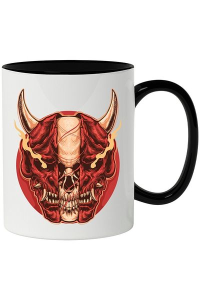 INOVATIX Personalized white mug, Devil, Skull, Flames, Horns, Circle, with Black Handle, INOVATIX®. 330ml