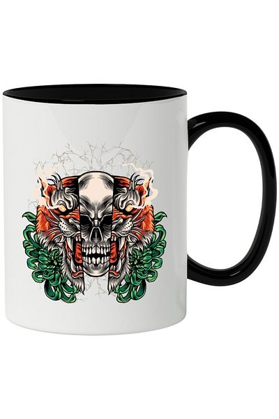 INOVATIX Personalized white mug, Skull, Tiger, Flowers, Lightning, Smoke, Fangs, with Black Handle, INOVATIX®. 330ml