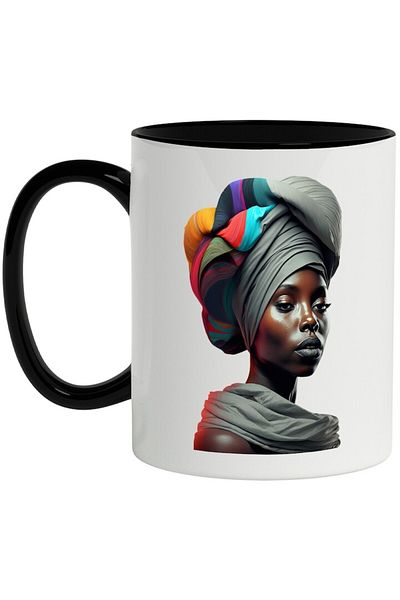 INOVATIX Personalized white mug, Portrait, Woman, Scarf, Africa, Fashion, with Black Handle, INOVATIX®. 330ml