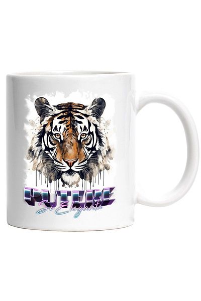 INOVATIX Personalized white mug, Message Power And Elegance, Tiger Head, Paint, INOVATIX®. 330ml