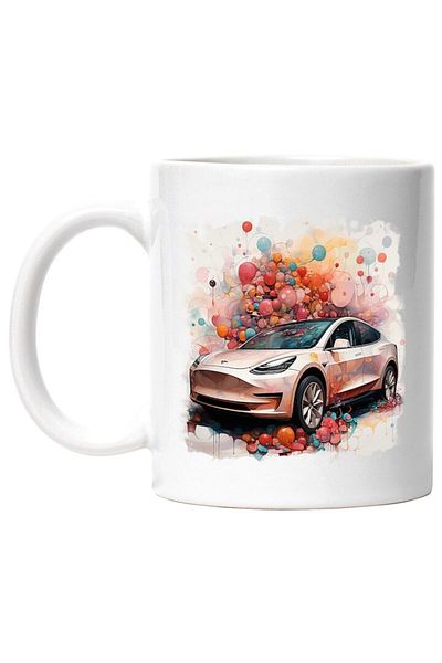INOVATIX Personalized white mug, Car, Tesla, Balloons, Polka Dots, Abstract Illustration, INOVATIX®. 330ml