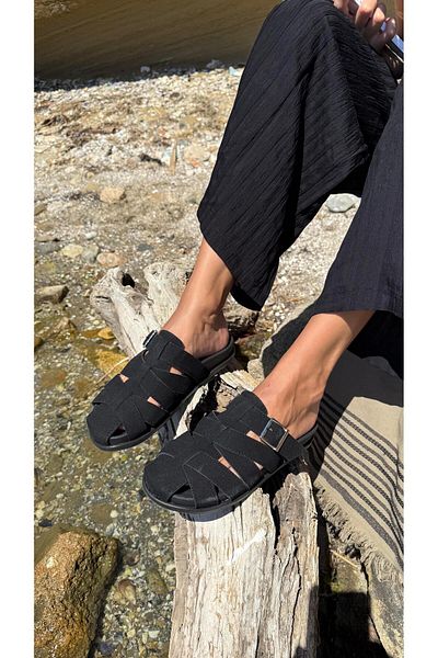 Eataly Shoes Papuci de damă cu catifea neagră, model cu cataramă