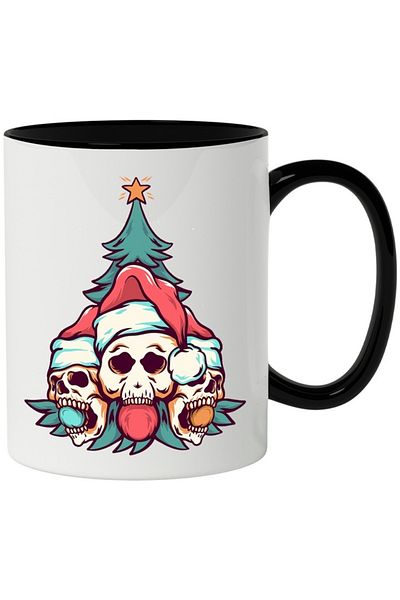 INOVATIX Personalized white mug, Fir Tree, Skulls, Globes, Christmas, Fes, with Black Handle, INOVATIX®. 330ml