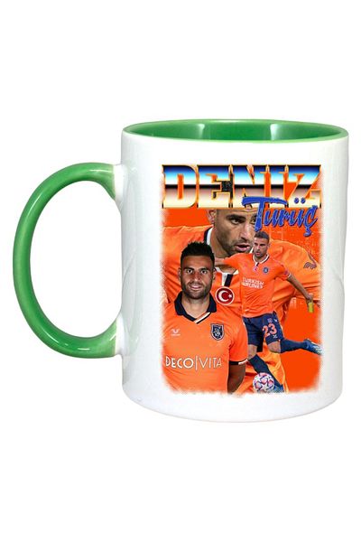 INOVATIX Personalized White Mug, Deniz Turuc Player, Green Handle and Interior, ®. 330ml