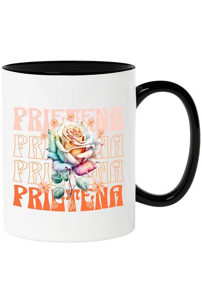 INOVATIX Personalized white mug, Friend - Rose Flower, with Black Handle, INOVATIX®. 330ml