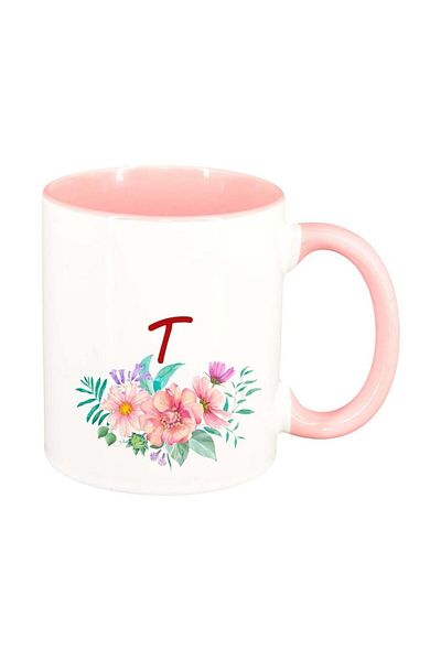 INOVATIX Personalized white mug, Flowers with alphabet, pink interior, D950, INOVATIX®. 330ml