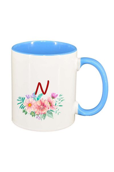 INOVATIX Personalized white mug, Flowers with alphabet, blue interior, D946, INOVATIX®. 330ml