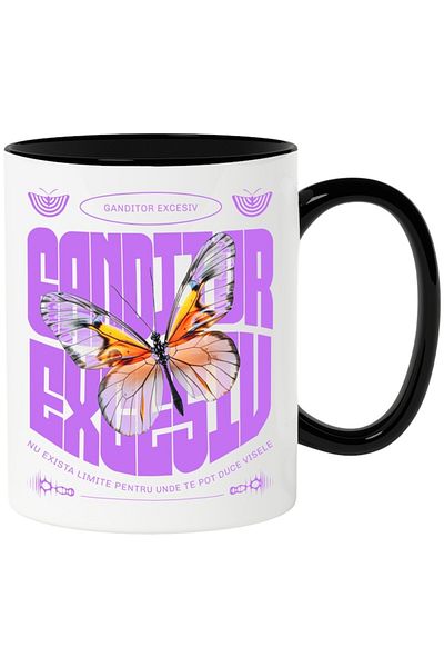 INOVATIX Personalized white mug, BUTTERFLY - Excessive Thinker, with Black Handle, INOVATIX®. 330ml