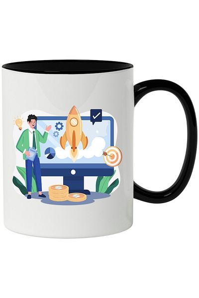 INOVATIX Personalized white mug, Presentation, Rocket, Money, Target, Idea, with Black Handle, INOVATIX®. 330ml