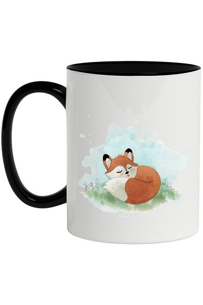 INOVATIX Personalized white mug, Fox, Cat, Flowers, Sky, with Black Handle, INOVATIX®. 330ml