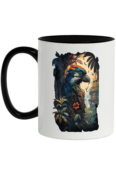 INOVATIX Personalized white mug, Parrot, Jungle, Temple, Armor, Fantasy, with Black Handle, INOVATIX®. 330ml