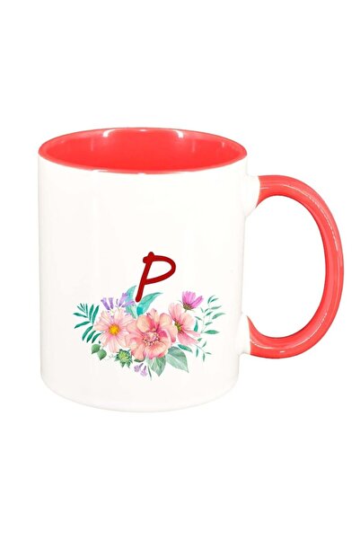 INOVATIX Εξατομικευμένη λευκή κούπα, Λουλούδια με αλφάβητο, σκούρο κόκκινο εσ...