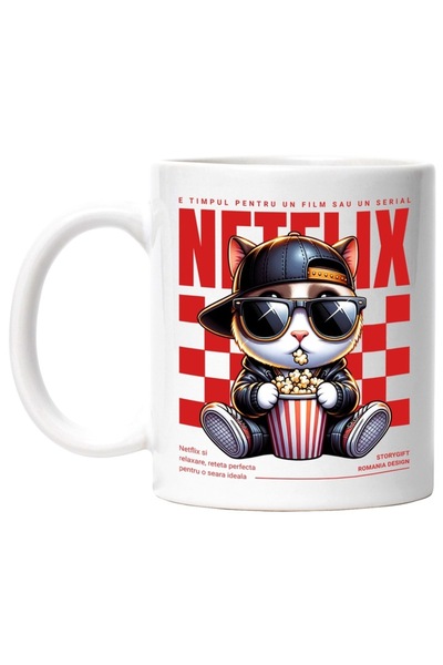 INOVATIX Cana alba personalizata, Netflix - Pisica Cool cu Popcorn, Serial sa...