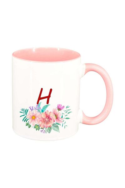 INOVATIX Personalized white mug, Flowers with alphabet, pink interior, D942, INOVATIX®. 330ml