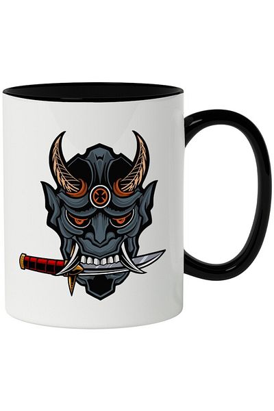 INOVATIX Personalized white mug, Mask, Oni, Demon, Dagger, with Black Handle, INOVATIX®. 330ml