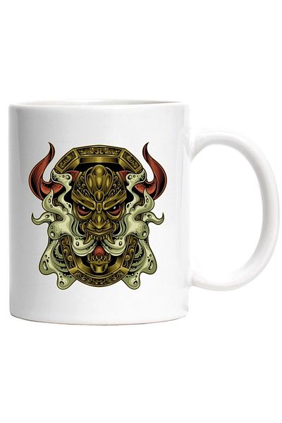 INOVATIX Personalized white mug, Demon, Horns, Helmet, Ornamental Frame, Fangs, INOVATIX®. 330ml