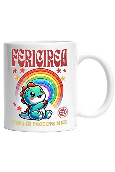 INOVATIX Cana alba personalizata, Dinozaur Curcubeu colorat Fericirea Vine In...