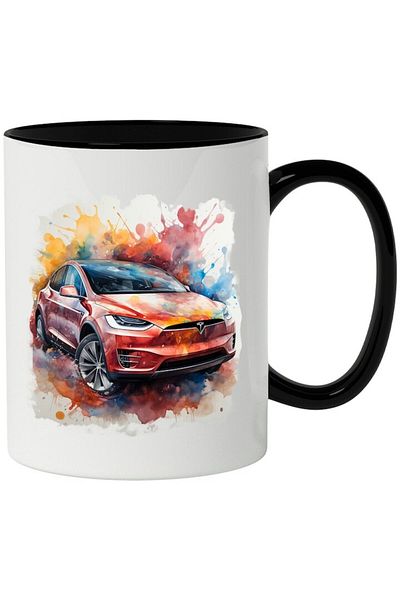 INOVATIX Personalized white mug, Car, Brand, Tesla, Watercolor, Wheels, with Black Handle, INOVATIX®. 330ml