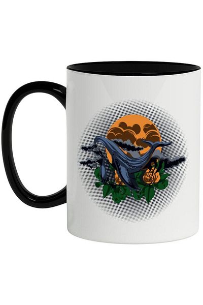 INOVATIX Personalized white mug, Whale, Cloud, Sunset, Flowers, with Black Handle, INOVATIX®. 330ml