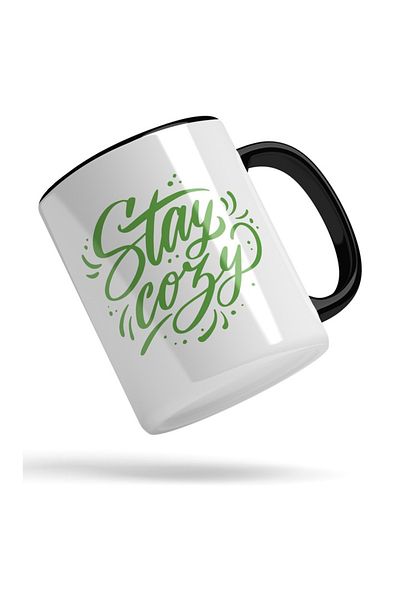 INOVATIX Personalized white mug, Stay Cozy, In English Green, Personalized, Black Handle, INOVATIX®. 330ml