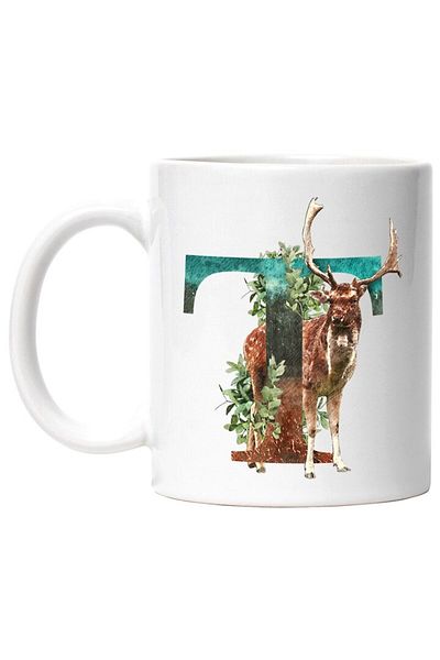 INOVATIX Personalized white mug, Letter, T, Deer, Leaves, INOVATIX®. 330ml