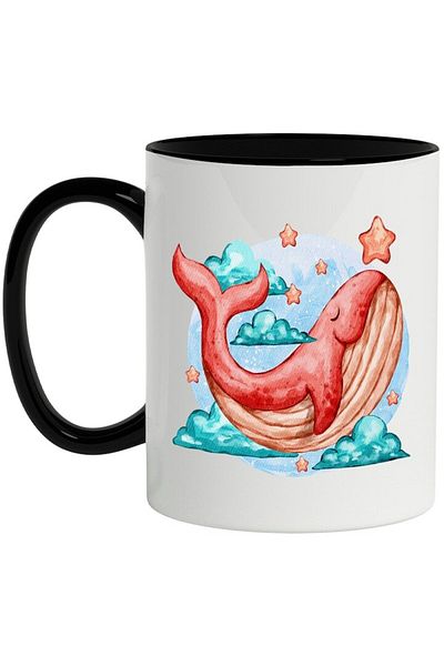 INOVATIX Personalized white mug, Whale, Clouds, Stars, Sky, with Black Handle, INOVATIX®. 330ml