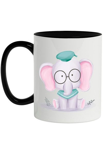 INOVATIX Personalized white mug, Elephant, Glasses, Hat, Necktie, with Black Handle, INOVATIX®. 330ml