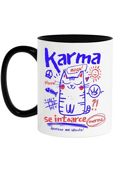 INOVATIX Personalized white mug, Cat-Karma always comes back, with Black Handle, INOVATIX®. 330ml